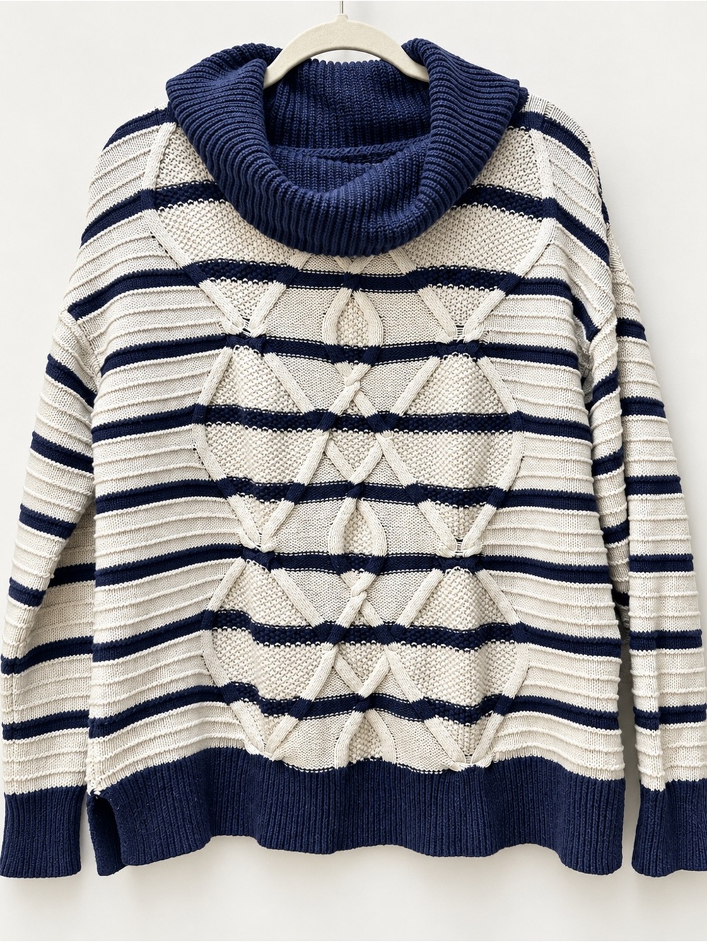 CHAPS Ralph Lauren XL Navy Cream Striped Cable Knit Cowl Neck Sweater
